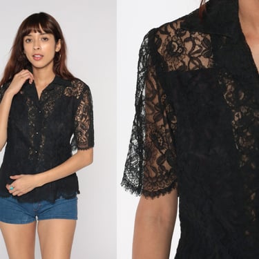 60s Black Lace Blouse SHEER Lace Shirt Vintage Deep V Neck Illusion Neckline Top Rhinestone Button Up Romantic Short Sleeve 1960s Small S 