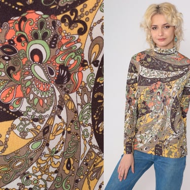 70s Psychedelic Blouse Paisley Mod Top Mock Neck Shirt Hippie Boho Seventies Long Sleeve Brown Yellow Vintage 1970s Small Medium 