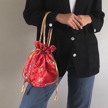 vintage satin brocade drawstring bag / red + gold silky satin brocade soft body drawstring purse pouch 
