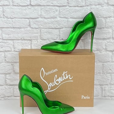 Christian Louboutin Hot Chick 100 Metallic Leather Pumps, Size 36.5 , Green