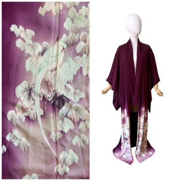 40s Purple Novelty Print Silk Crepe Kimono / 1940s Vintage Long Robe Jacket / Medium - Large 