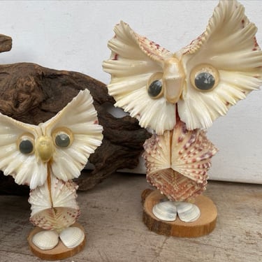 Vintage Shell Owl Sculptures, Mom/Dad And Baby Owl, Seashell Artwork, Hand Made, Beach Souvenir, Owl Lovers, Found Shell Art 