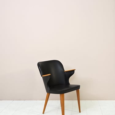 MidCentury Black Faux Leather Scandinavian Design Armchair, Original Retro Scandinavian Design 