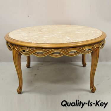Vtg French Provincial Hollywood Regency Pretzel Skirt Marble Top Coffee Table