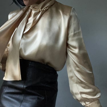 vintage silk gold Ann Klein 70s 80s ascot collar elegant blouse 