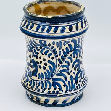 Vintage Blue and  White Rustic Pottery Vase Hand Painted  Design- 5" tall- Hand Painted- Romanian 