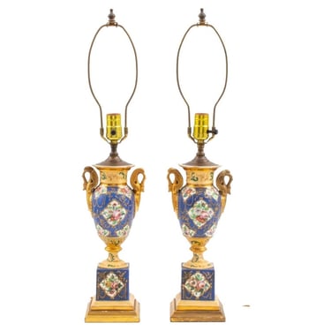 Sevres Style Porcelain Urns Mounted as Lamps, Pair