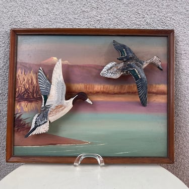 Vintage kitsch wood 3D duck geese painting 18” x 15” 