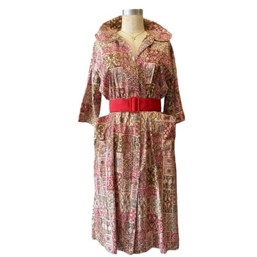 vintage 1950s atomic print smock, 50s housecoat robe loungewear, red pink and gold, rockabilly style, size med large, 38 40 bust 