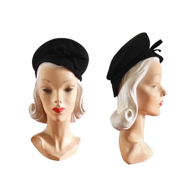 1940s Black Cap Tam Tilt Hat - 1940s Military Inspired Hat - 1940s Womens Black Hat - 1940s Black Tilt Hat - Vintage 1940s Black Hat 