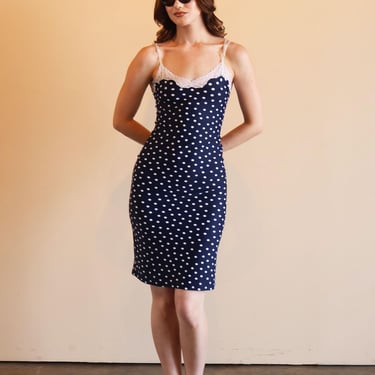 Vintage 1990s Made in France Navy + White Polka Dot Slip Dress with Lace Trim sz XS S M Bodycon 90s Dotted 