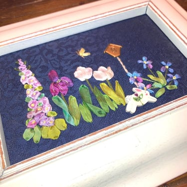 White framed intricate ribbon embroidered work~ Flower Garden floral Art~ artist signed, Silk, pastel ribbon & Thread 