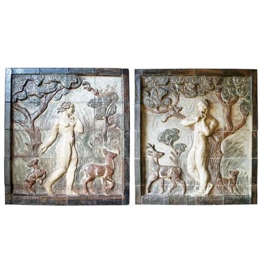 1940's Large Vintage Pair KNUD KYHN for Royal Copenhagen Stoneware Tile Wall Panels, Adam and Eve 