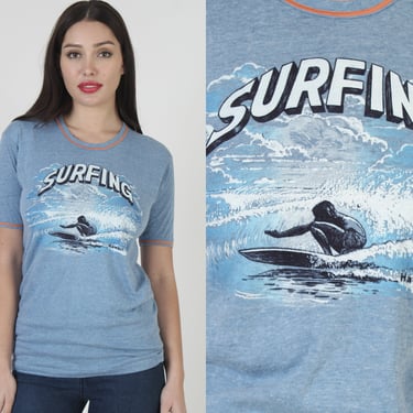 80s Single Stitch Hawaii Islands Shirt / Hawaiian Tourist Surfing Tee / Vintage 70s Thin Wave Print Ringer 