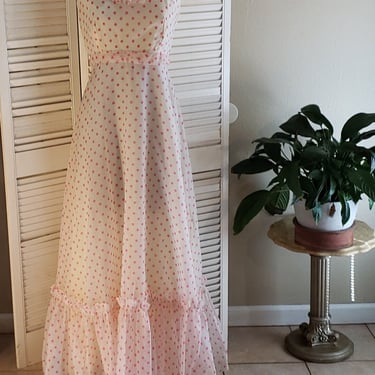 Vintage 80s Ruffled Pink/White Polka Dot Ballgown / Empire Waist / Regency Core / Barbie Dress 