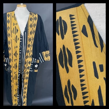 Vintage 1980s 1990s 80s Long Caftan Kaftan Duster Robe Cowrie Shell Boho Bohemian kimono Cotton Made in USA Yellow Black Medium Large 