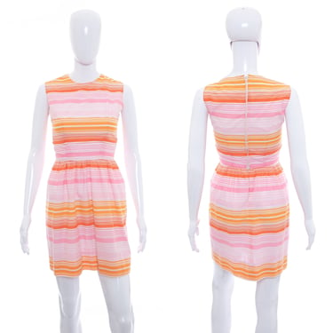 1970's Lanz Original Pink and Orange Striped Mini Dress Size S