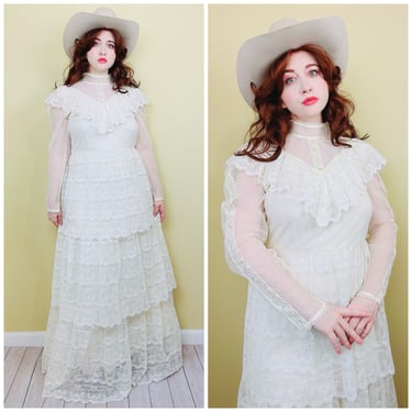 1970s Vintage Cream Lace Tiered Prairie Gown / 70s / Seventies Ruffled High Neck Victorian Candi Jones Maxi Dress / Large 