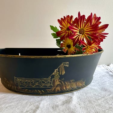 Vintage, Hand Painted, Metal Tole Toleware, Wall Pocket Bin Shelf - Chinoiserie, Black Gold Bronze, Asian, Orchid Planter, Hollywood Regency 