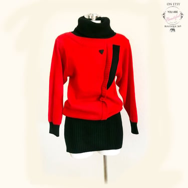 1980's NEW WAVE vintage Sweater Mini Dress The NANNY style, Red & Black turtle neck collar knit 