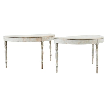 Pair of Swedish Gustavian Style Painted Pine Demilune Consoles