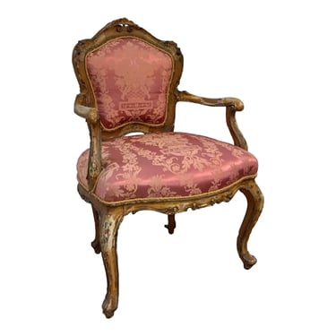 Antique Italian Salmon Silk Hand Painted Gold Arm Chair