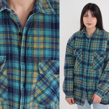 Blue Plaid Jacket 90s Quilted Jacket Button up Retro Lumberjack Turquoise Navy Hiking Warm Checkered Vintage 1990s Sierra Pacific Mens Large 
