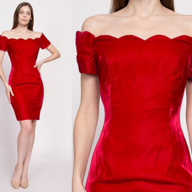80s Red Velvet Cocktail Party Dress - Small | Vintage Scalloped Off Shoulder Bodycon Mini Dress 