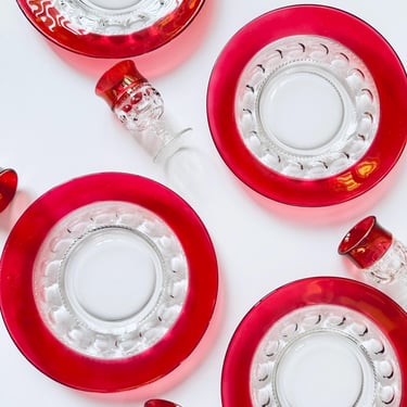 Vintage Red Kings Crown Ruby Flash Luncheon Plates Set of 4, MCM 50s Thumbprint Cherry Red Rim Iridescent Dishes Salad Plates, RetroTable 
