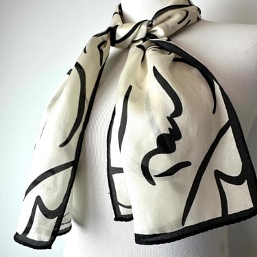 Vintage 80’s All silk scarf White with black print~ long thin rectangular head scarf neckerchief pussycat bows Women’s scarves 