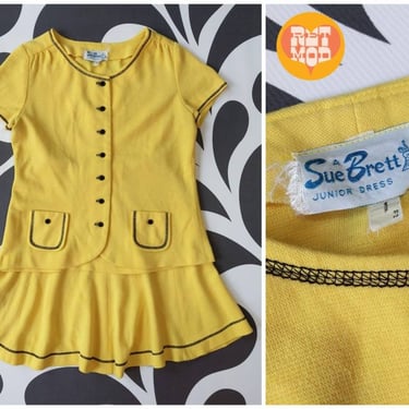 Cute Vintage 60s 70s Yellow 2-Piece Mod Mini Skirt Set by Sue Brett 