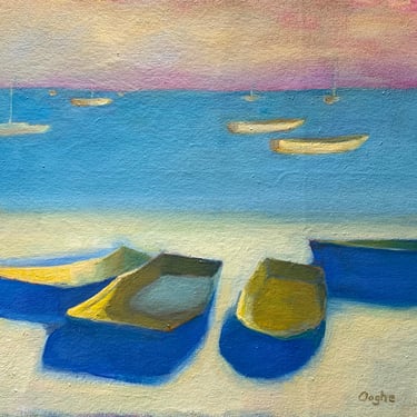 Original Oil Painting - Oil on Canvas - Boat - Abstract - Beach - Ocean - Yellow Boats - Large Painting - 16 x 18 inches 