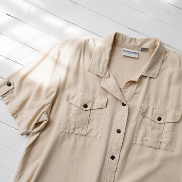 beige silk blouse | 80s 90s vintage raw silk minimal preppy dark academia utility short sleeve blouse 