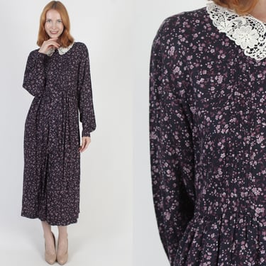 Plus Size Laura Ashley Farm Dress / Romantic Rustic Garden Floral / 80s Wildflower Lace Collar Country Maxi 