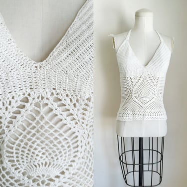 Vintage 2000s Y2K White Crochet Halter Top / XS-S 