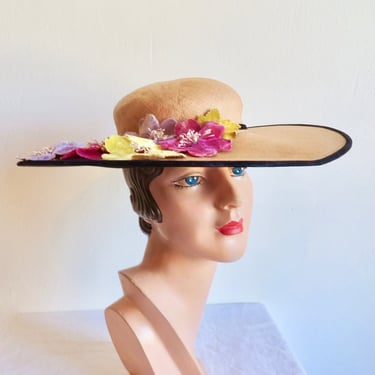 1950's Natural Sisal Straw Wide Brim Hat Velvet Flowers Trim Portrait Picture Pin Up 50's Spring Summer Millinery Rockabilly Toni California 