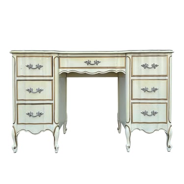 Vintage Dixie French Provincial Desk - Creamy White & Gold Distressed Vanity with Ornate Hardware 