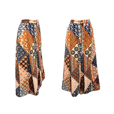 Vtg 70s1970s Bohemian Hippie Quilted Patchwork Print Boho Midi Maxi Skirt 