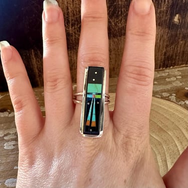 GILBERT SMITH Pueblo Night Sky Inlay Ring | Native American Navajo Southwestern Jewelry | Sterling Silver, Turquoise, Coral, Jet | Size 8 