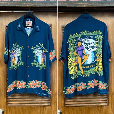 Vintage 1990’s Size L “Mambo” Label Tiger Tattoo 8 Ball Rayon Hawaiian Shirt, 90’s Vintage Clothing 