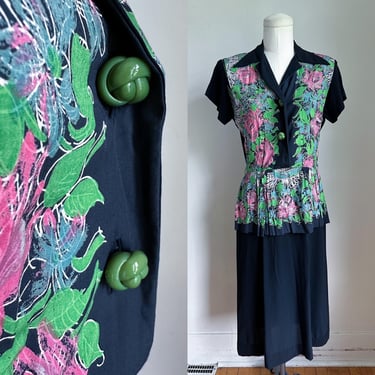 Vintage 1940s Black Floral Peplum Dress / S 