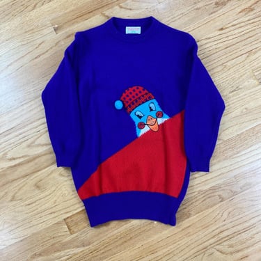 Vintage United Colors of Benetton 012 Wool Sweater Embroidered Penguin w/Pompom ski hat, Purple and Red Color Block, Winter, Ugly Sweater 