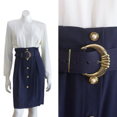 1980s belted dress with navy blue skirt and gold buckle 