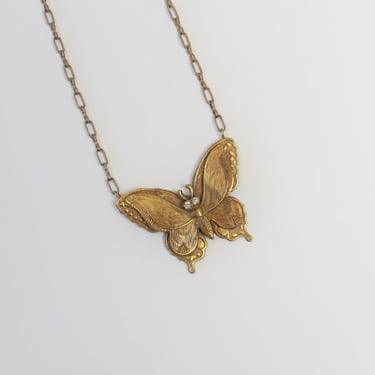 Vintage 1940s brass necklace, butterfly, art nouveau, figural, pendant 