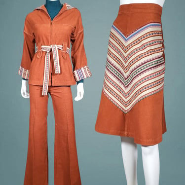 1970s three piece suit vintage bell bottom pantsuit skirt set belted hooded jacket burnt orange corduroy woven serape BODY ENGLISH (24) 