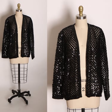 1970s Black Sequin Long Sleeve Open Front Jacket by Three Flags California -M 