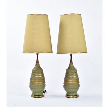 Pair of Avacado Green and Gold Plasto Mid-Century Modern Lamps With Original Shades 