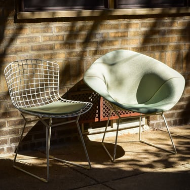 Original 1970's Bertoia Diamond Chair & Side Chair, Knolls International White Wire Chairs W/ Green Seat Pads 