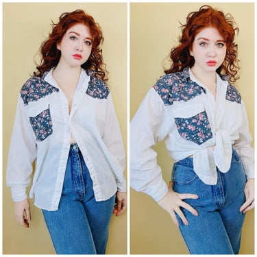 1990s Vintage Casey and Max Cotton Button Up / 90s Floral Western Inlay Blouse / Size Large 