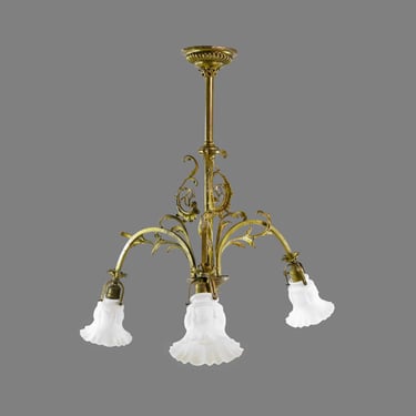 Art Nouveau Brass 3 Arm Ruffled Glass Shades Chandelier